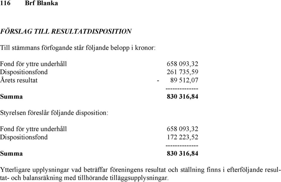 disposition: Fond för yttre underhåll 658 093,32 Dispositionsfond 172 223,52 -------------- Summa 830 316,84 Ytterligare