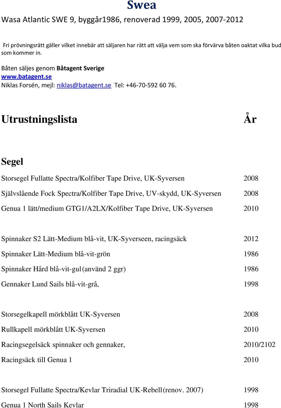 Utrustningslista År Segel Storsegel Fullatte Spectra/Kolfiber Tape Drive, UK-Syversen 2008 Självslående Fock Spectra/Kolfiber Tape Drive, UV-skydd, UK-Syversen 2008 Genua 1 lätt/medium