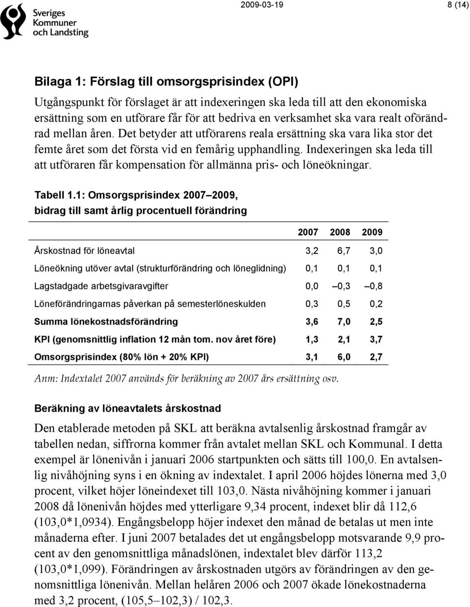 Indexeringen ska leda till att utföraren får kompensation för allmänna pris- och löneökningar. Tabell 1.