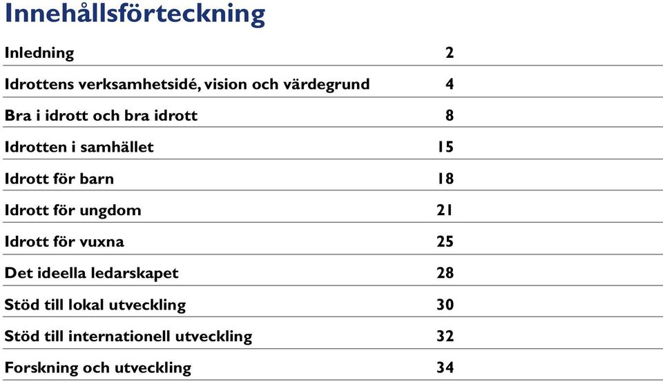 barn 18 Idrott för ungdom 21 Idrott för vuxna 25 Det ideella ledarskapet 28