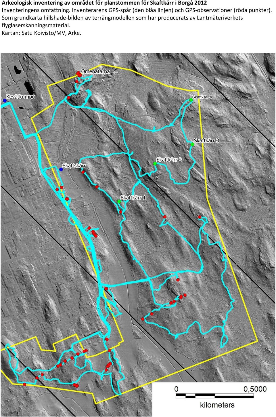 Inventerarens GPS-spår (den blåa linjen) och GPS-observationer (röda punkter).