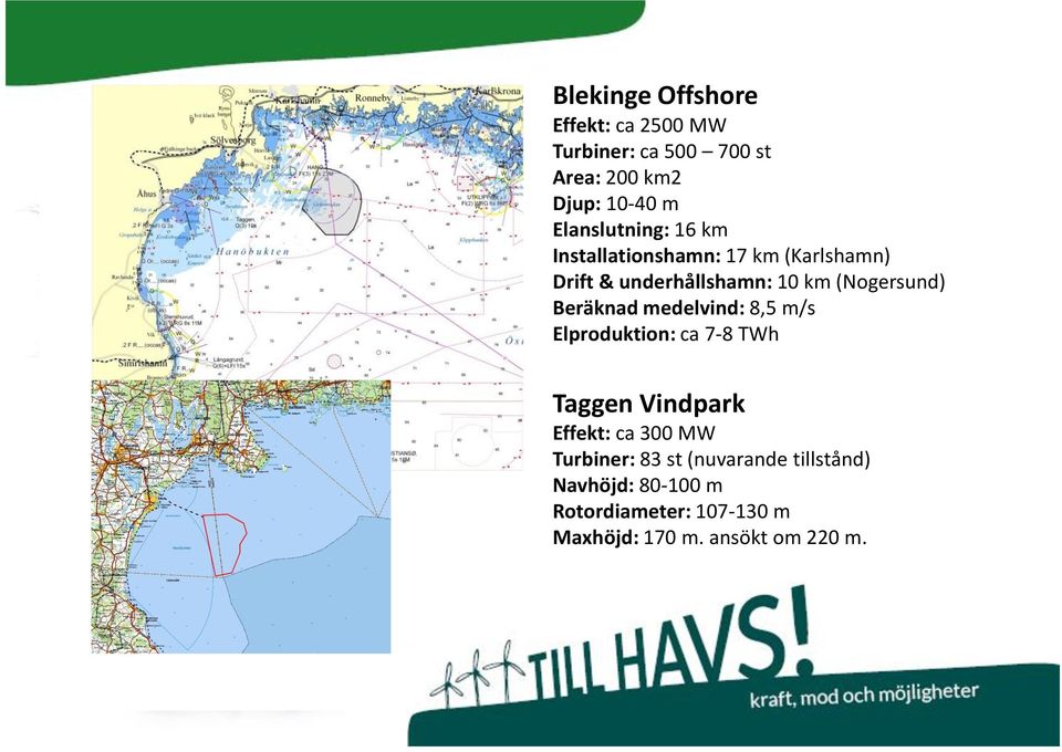 (Nogersund) Beräknad medelvind: 8,5 m/s Elproduktion: ca 7-8 TWh Taggen Vindpark Effekt: ca 300