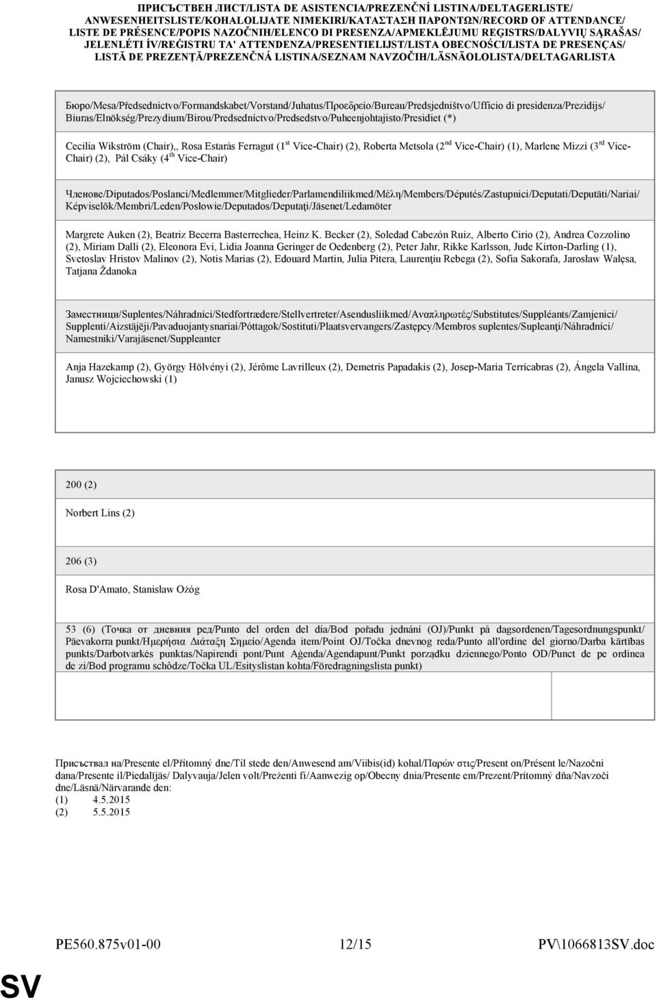 NAVZOČIH/LÄSNÄOLOLISTA/DELTAGARLISTA Бюро/Mesa/Předsednictvo/Formandskabet/Vorstand/Juhatus/Προεδρείο/Bureau/Predsjedništvo/Ufficio di presidenza/prezidijs/