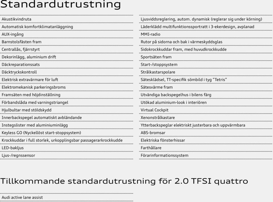 Instegslister med aluminiuminlägg Keyless GO (Nyckellöst start-stoppsystem) Krockkuddar i full storlek, urkopplingsbar passagerarkrockkudde LED-bakljus Ljus-/regnssensor Ljusviddsreglering, autom.