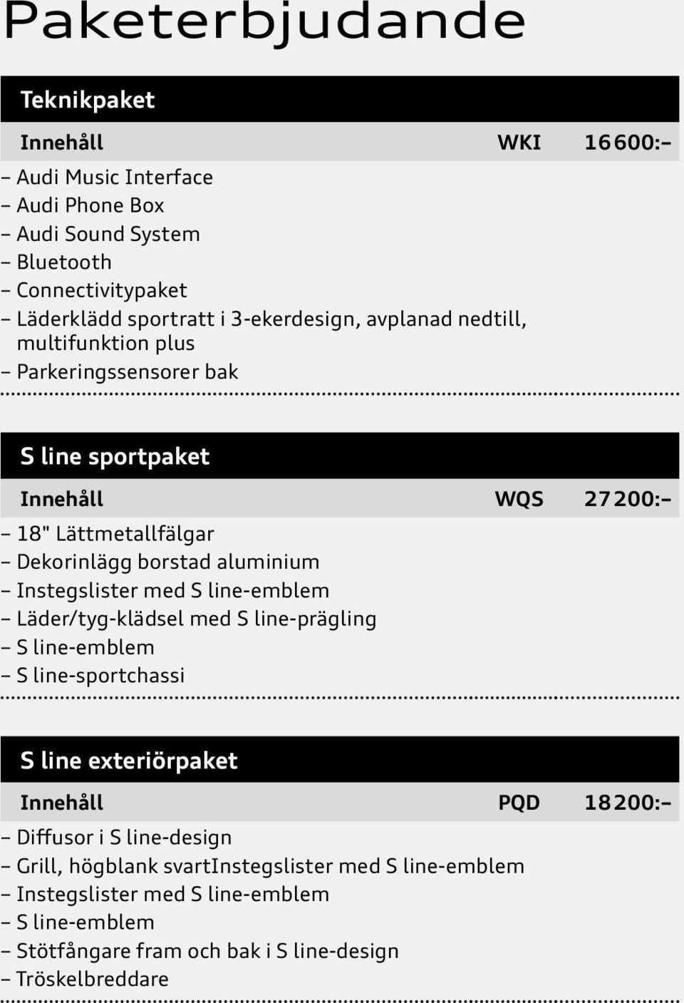 aluminium Instegslister med S line-emblem Läder/tyg-klädsel med S line-prägling S line-emblem S line-sportchassi S line exteriörpaket Innehåll PQD 18200: