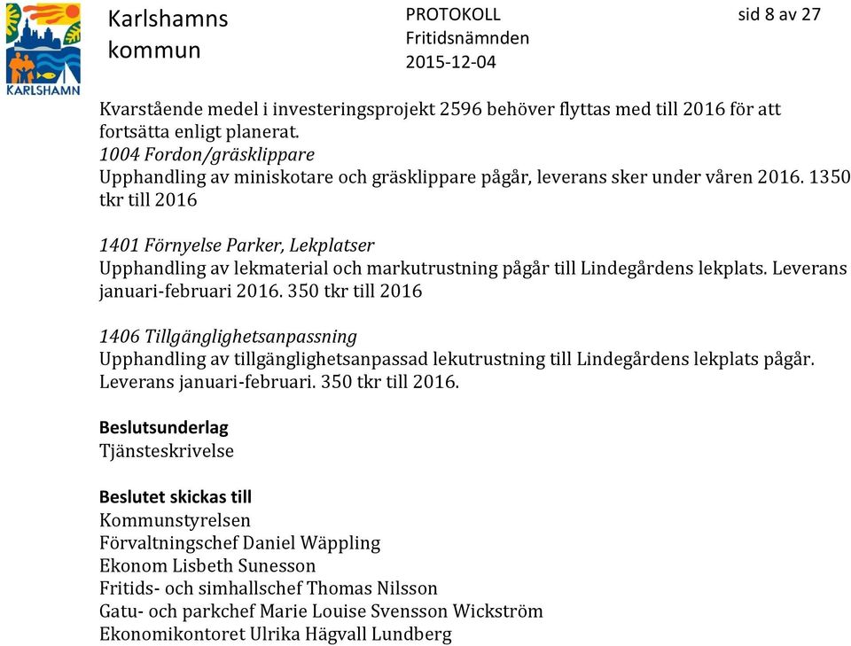 1350 tkr till 2016 1401 Förnyelse Parker, Lekplatser Upphandling av lekmaterial och markutrustning pågår till Lindegårdens lekplats. Leverans januari-februari 2016.