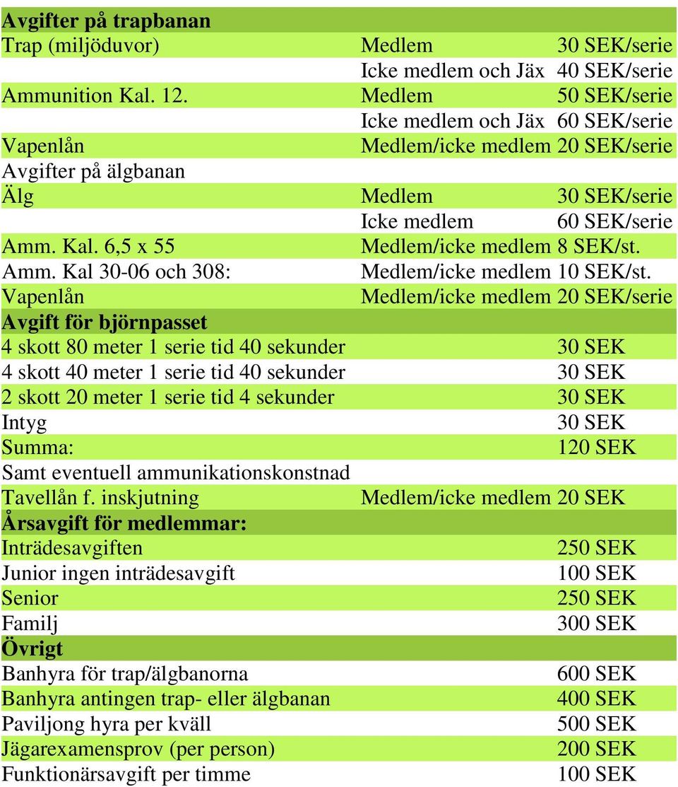 6,5 x 55 Medlem/icke medlem 8 SEK/st. Amm. Kal 30-06 och 308: Medlem/icke medlem 10 SEK/st.