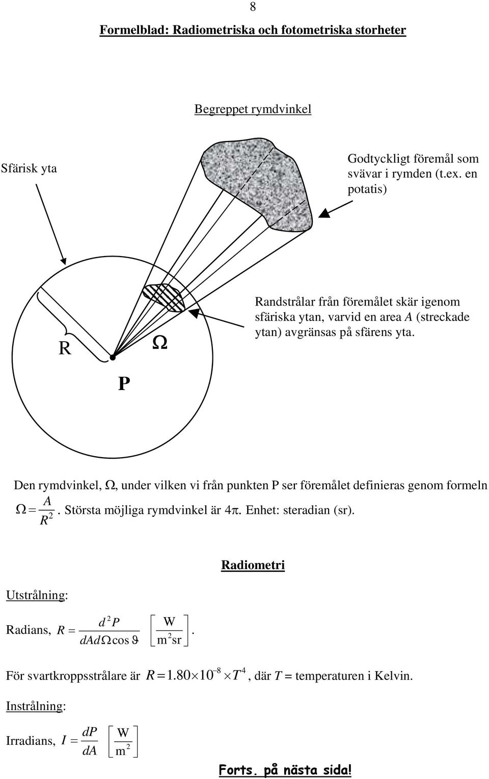 P Den rymdvinkel,, under vilken vi från punkten P ser föremålet definieras genom formeln A. Största möjliga rymdvinkel är 4. Enhet: steradian (sr).
