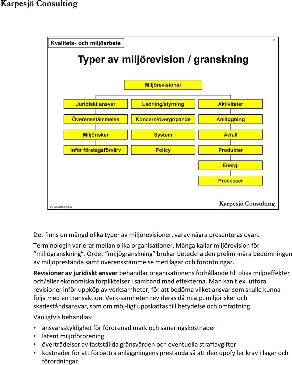 Revisioner av juridiskt ansvar behandlar organisationens förhållande till olika miljöeffekter och/eller ekonomiska förpliktelser i samband med effekterna. Man kan t.ex.