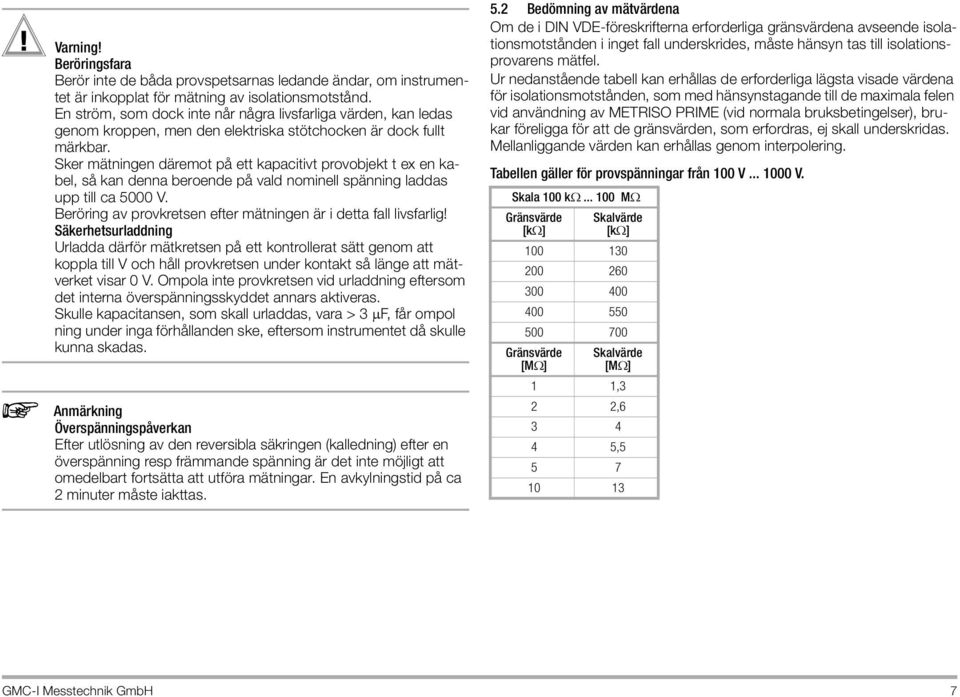 Sker mätningen däremot på ett kapacitivt provobjekt t ex en kabel, så kan denna beroende på vald nominell spänning laddas upp till ca 5000 V.
