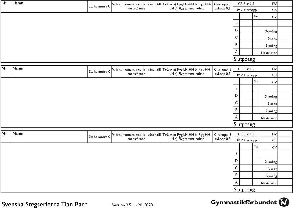 tt holmnära handstående LH c) Flyg samma holme avhopp 0,3 R 5 st 0,5 V 7 + avhopp S:a V R V Svenska Stegserierna Tian arr Version 2.5.1-20150701