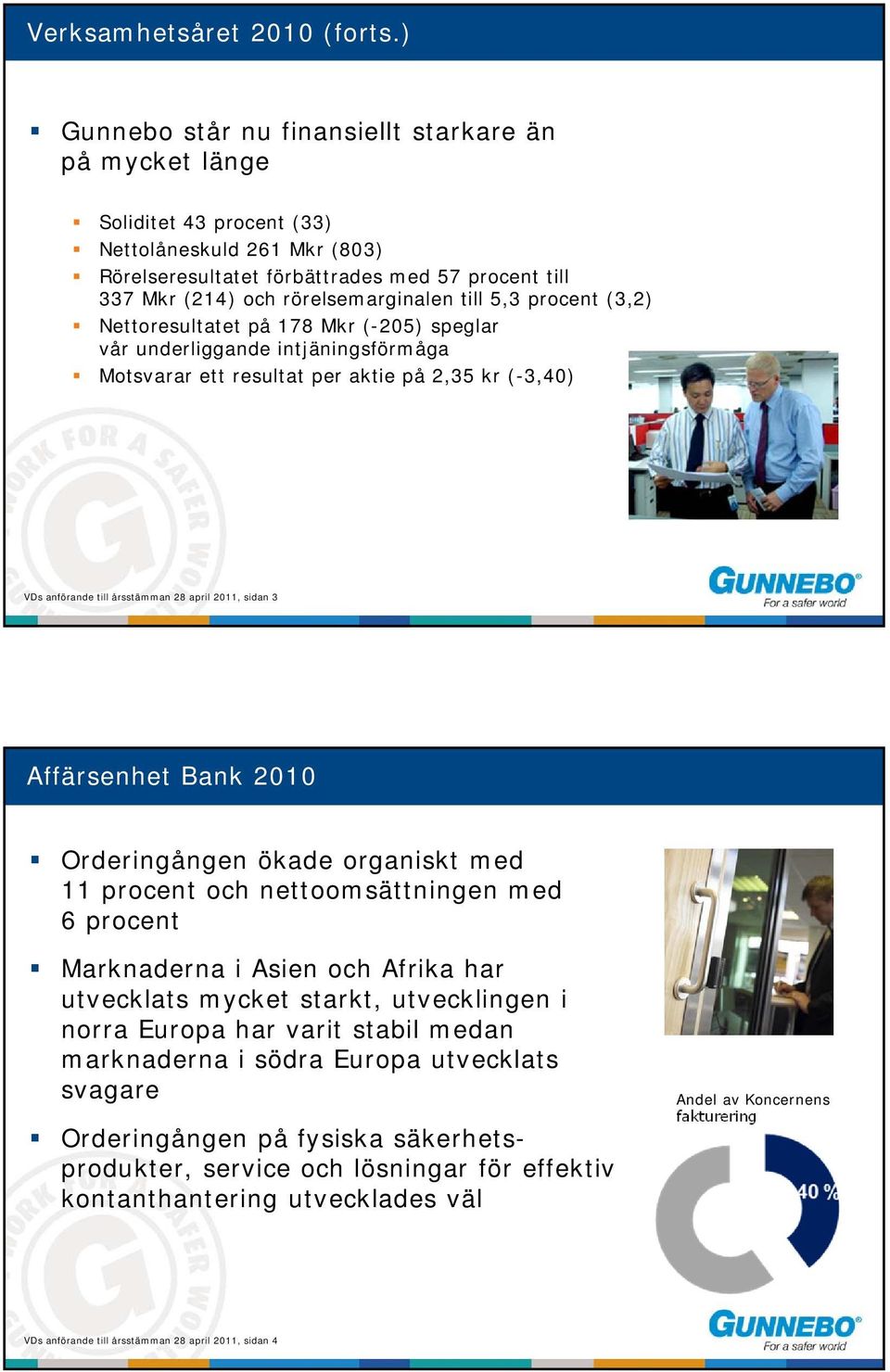 till 5,3 procent (3,2) Nettoresultatet på 178 Mkr (-205) speglar vår underliggande intjäningsförmåga Motsvarar ett resultat per aktie på 2,35 kr (-3,40) VDs anförande till årsstämman 28 april 2011,