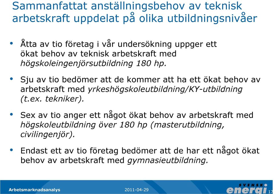 Sju av tio bedömer att de kommer att ha ett ökat behov av arbetskraft med yrkeshögskoleutbildning/ky-utbildning (t.ex. tekniker).