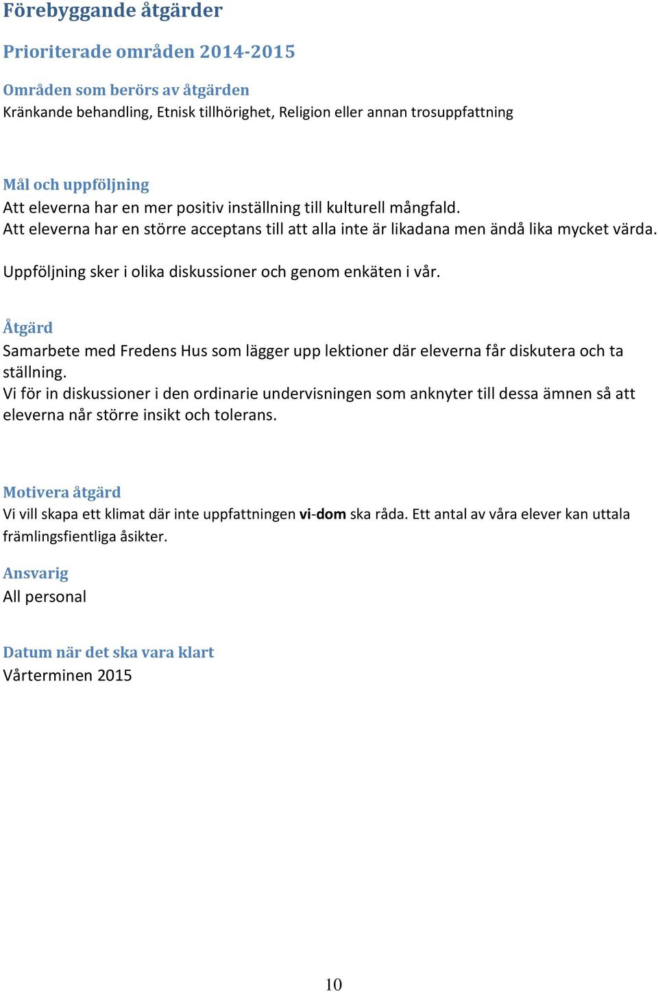 Uppföljning sker i olika diskussioner och genom enkäten i vår. Åtgärd Samarbete med Fredens Hus som lägger upp lektioner där eleverna får diskutera och ta ställning.