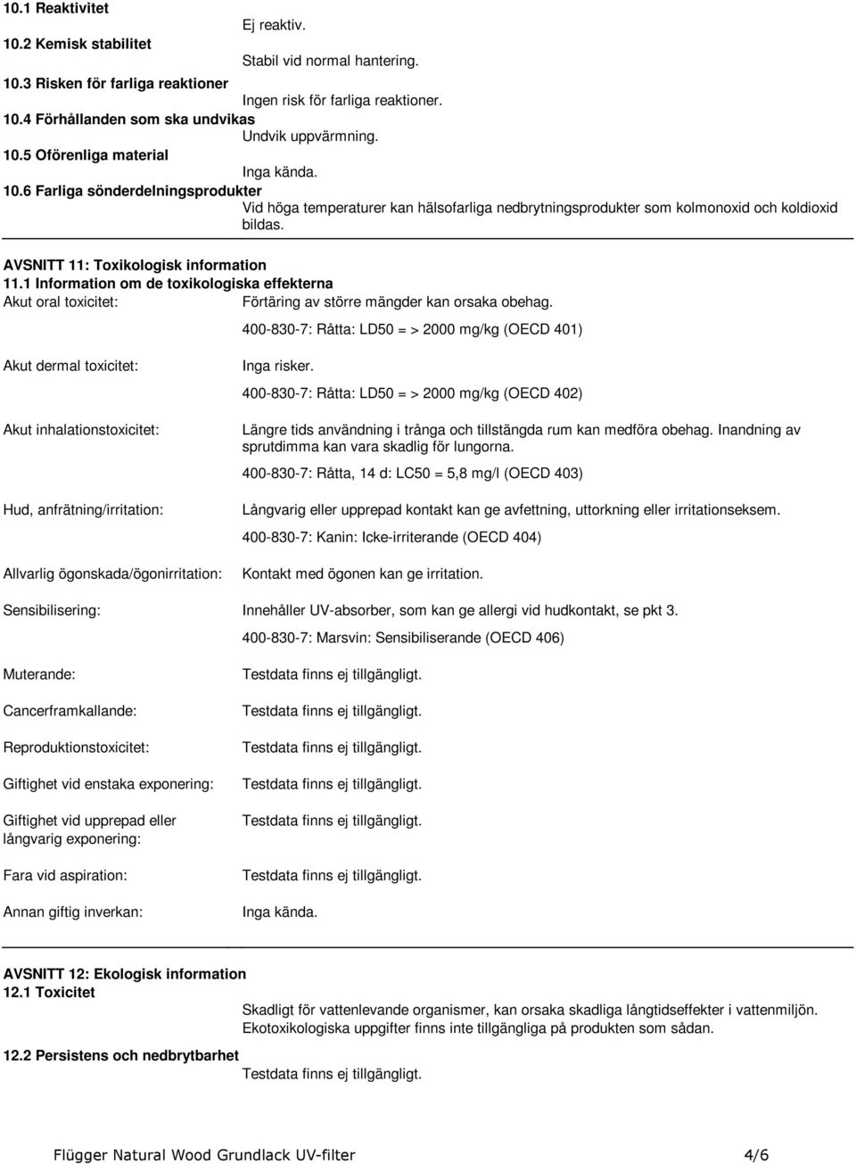 information 111 Information om de toxikologiska effekterna Akut oral toxicitet: Förtäring av större mängder kan orsaka obehag 400-830-7: Råtta: LD50 = > 2000 mg/kg (OECD 401) Akut dermal toxicitet: