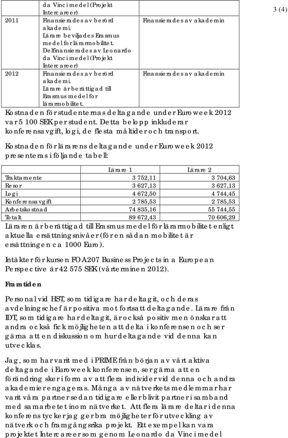 Kostnaden för studenternas deltagande under Euroweek 2012 var 5 100 SEK per student. Detta belopp inkluderar konferensavgift, logi, de flesta måltider och transport.