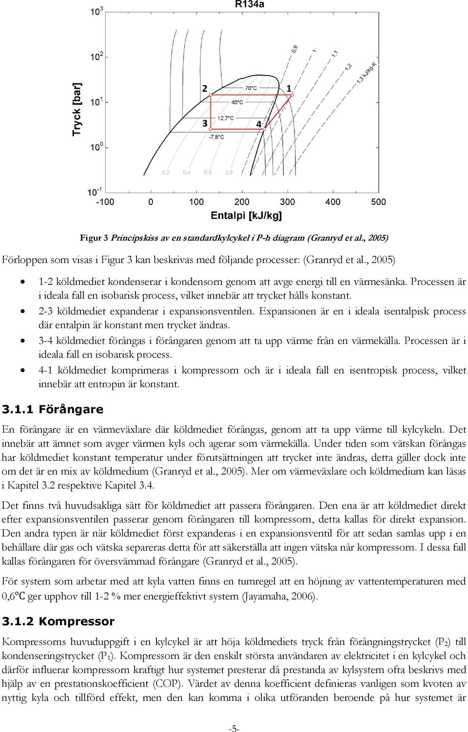 2-3 köldmediet expanderar i expansionsventilen. Expansionen är en i ideala isentalpisk process där entalpin är konstant men trycket ändras.
