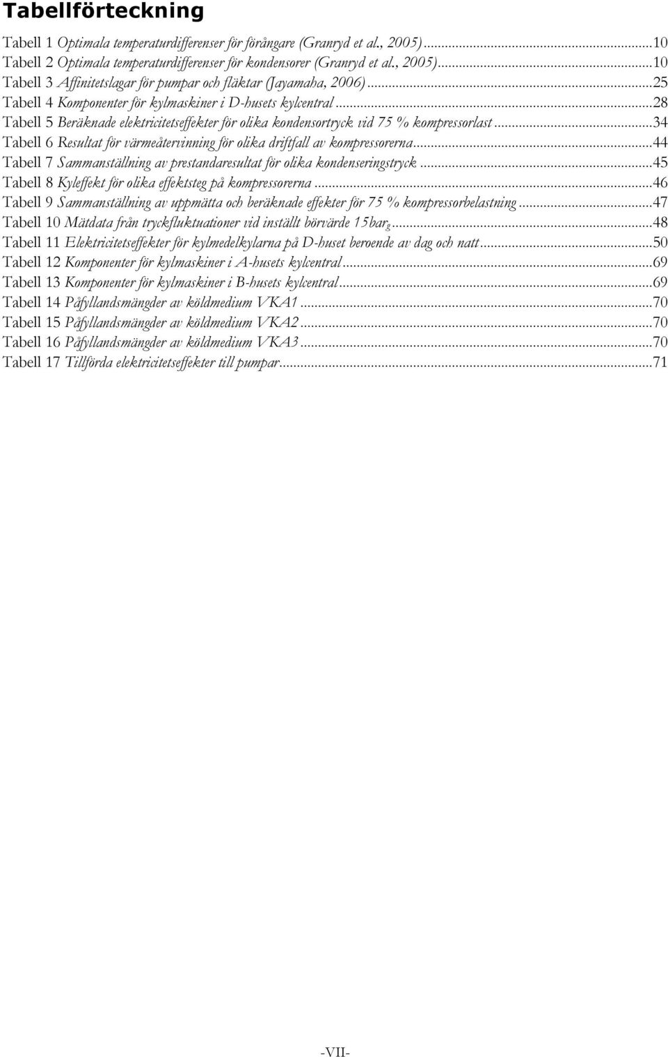 .. 34 Tabell 6 Resultat för värmeåtervinning för olika driftfall av kompressorerna... 44 Tabell 7 Sammanställning av prestandaresultat för olika kondenseringstryck.