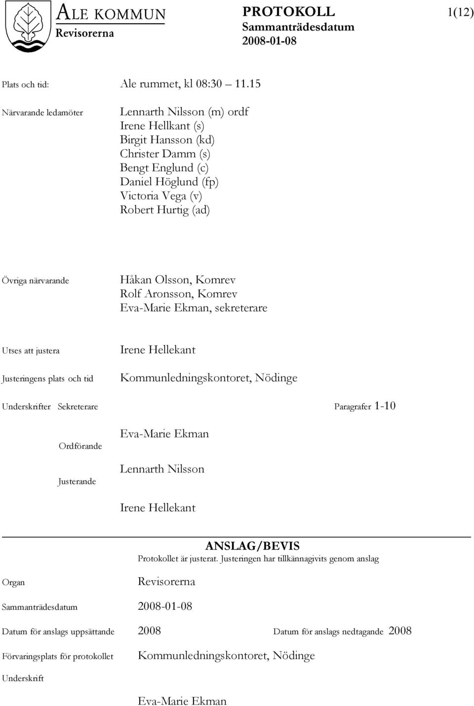 närvarande Håkan Olsson, Komrev Rolf Aronsson, Komrev Eva-Marie Ekman, sekreterare Utses att justera Justeringens plats och tid Irene Hellekant Kommunledningskontoret, Nödinge Underskrifter