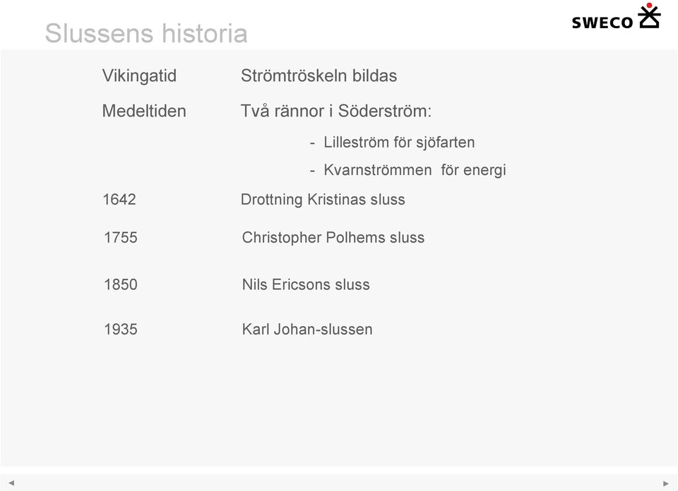 Kvarnströmmen för energi 1642 Drottning Kristinas sluss 1755