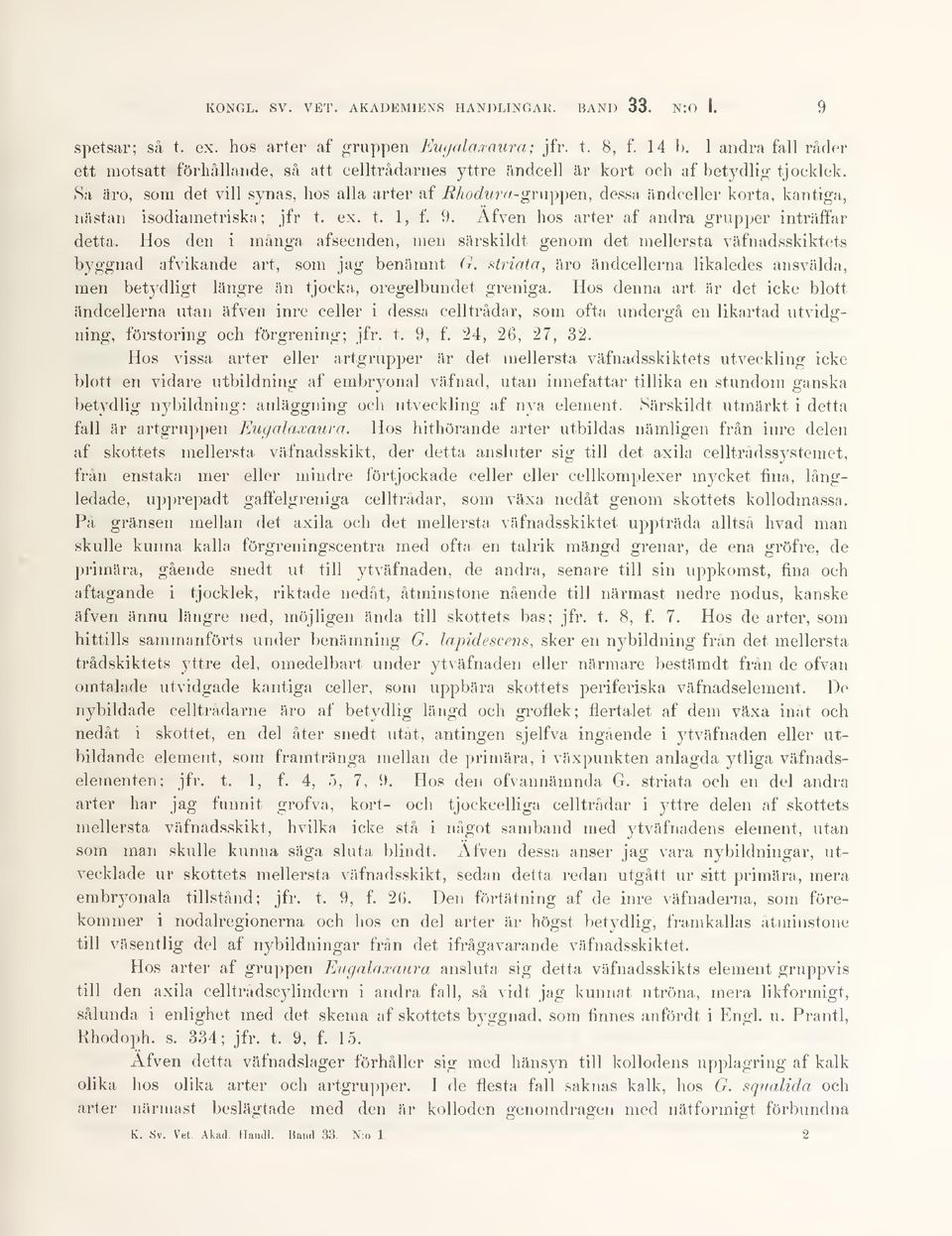 Så äro, som det vill synas, hos alla arter af Rhodura-gruppen, dessa ändceller korta, kantiga, nästan isodiametriska ; jfr t. ex. t. 1, f. 9. Äfven hos arter af andra grupper inträffar detta.