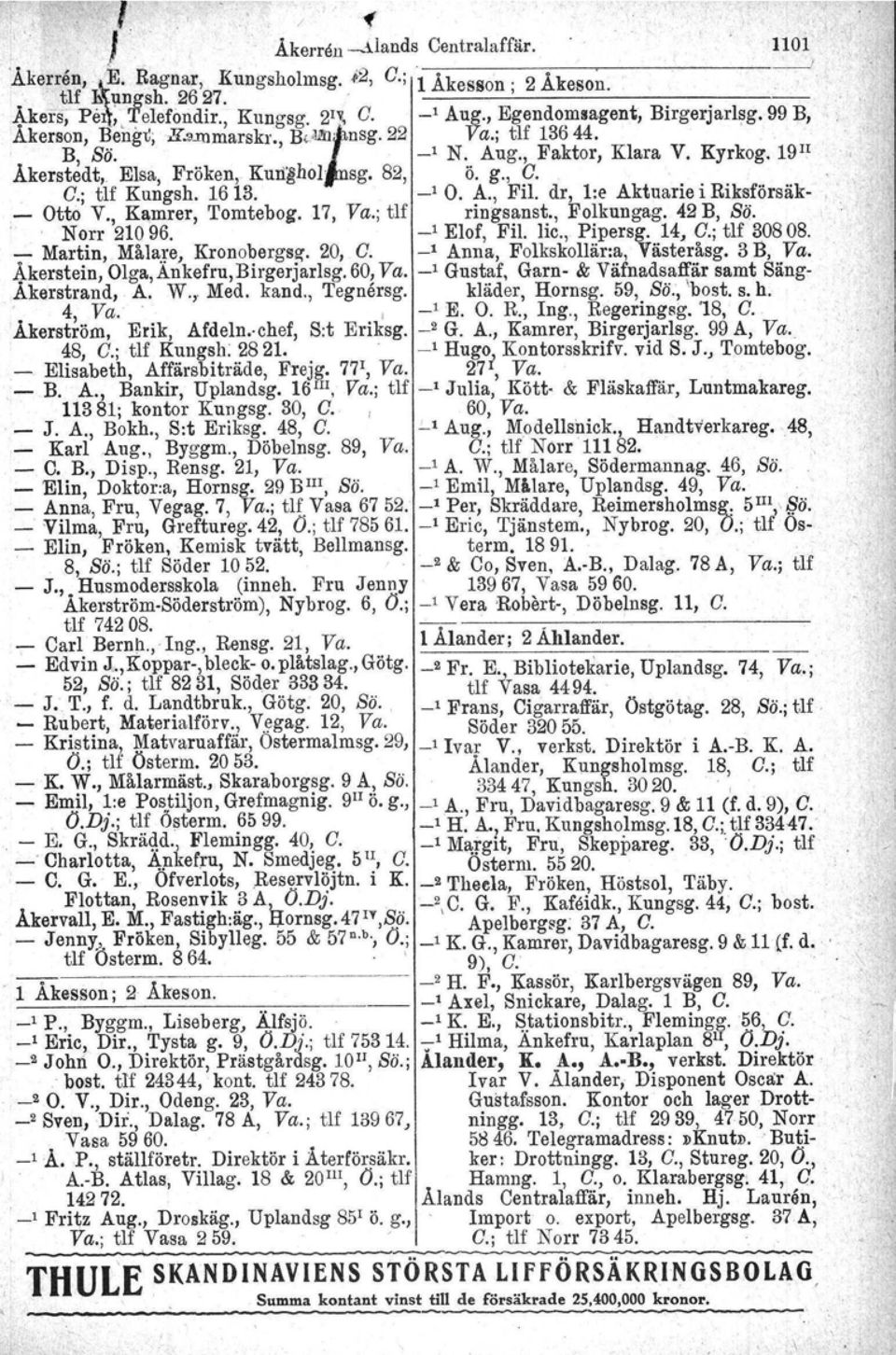 19 II Åkerstedt, Elsa, Fröken, KUIi~hol' sg, 82, ö. g., G. G.; tlf Kungsh. 1613. _1 O. A., Fil. dr, l:e Aktuarie i Riksförsäk- - Otto V., Kamrer, Tomtebog. 17, Va.; tlf ringsanst., Folkungag.