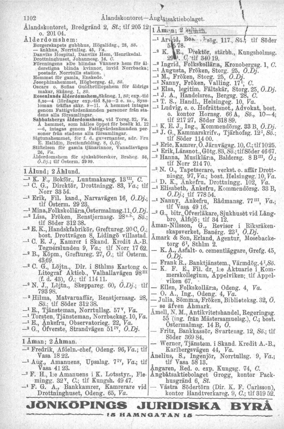 . tlf 34019 Drottninahuaet, Johannesg, 16. a., '.. ' ;J' -,.' lfö'reningens'})deblindas Vä,:ne;-1>hem for n. -2Ingnd, Folkskollar:a, Kronobergsg.. 1, C.