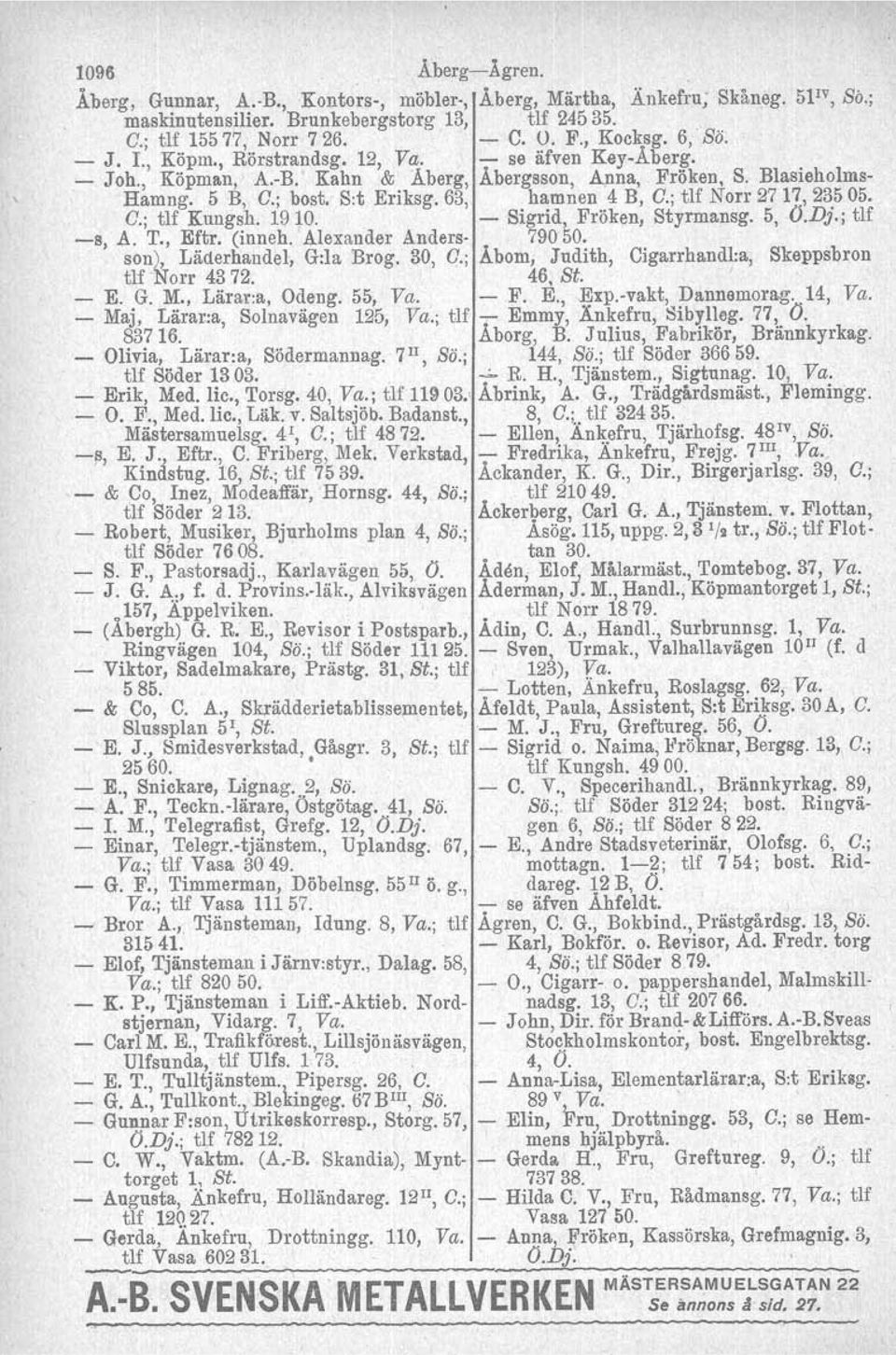 hamnen 4 B, C.; tlf Norr 2717, 23505. C.; tlf Kungsh, 1910. - Sigrid, Fröken, Styrmansg. 5,Ö.Dj.; tlf -s, A. T., Eftr. (inneh. Alexander Anders- 790' 50. son), Läderhandel, G:la Brog. 30, C.