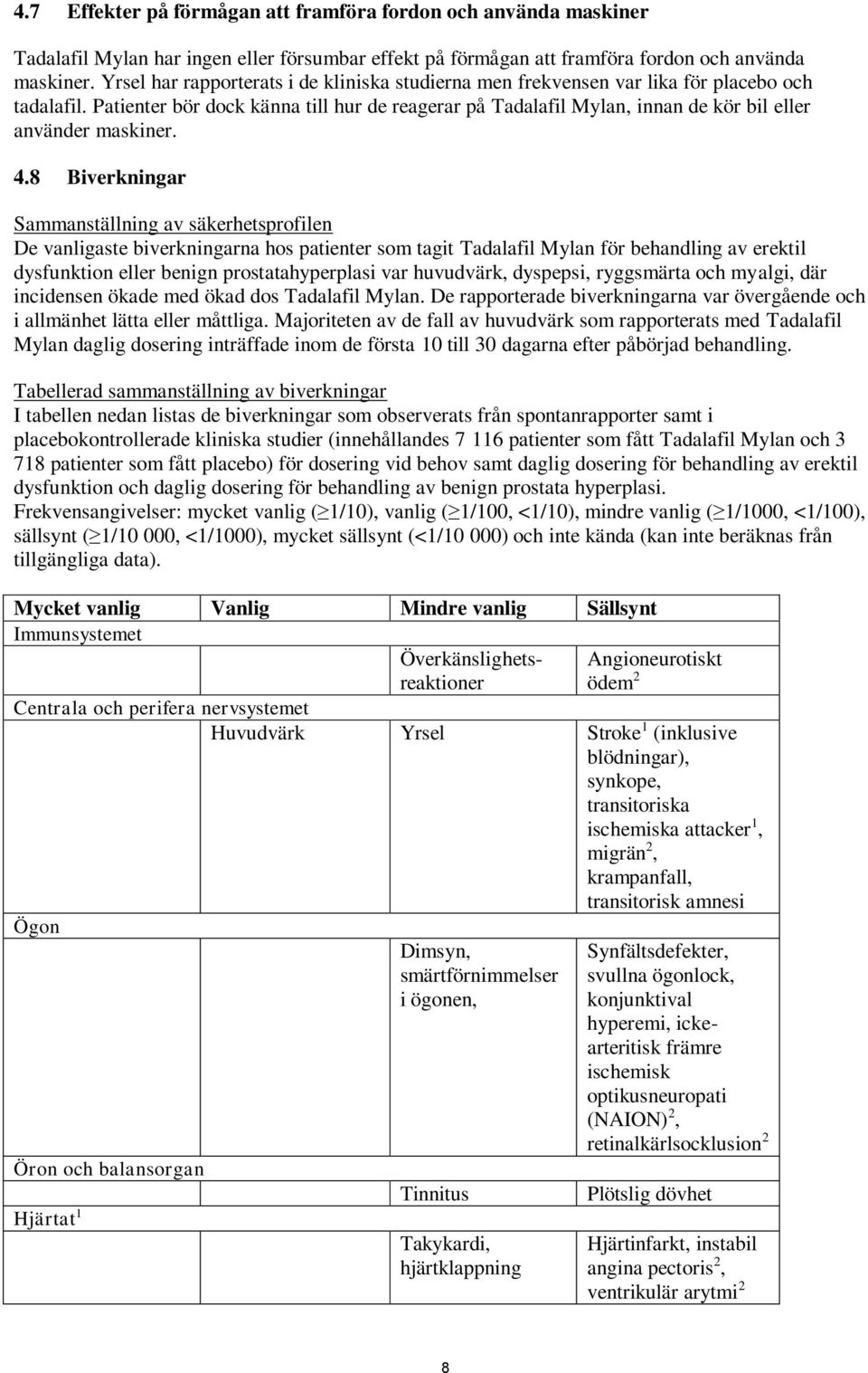Patienter bör dock känna till hur de reagerar på Tadalafil Mylan, innan de kör bil eller använder maskiner. 4.