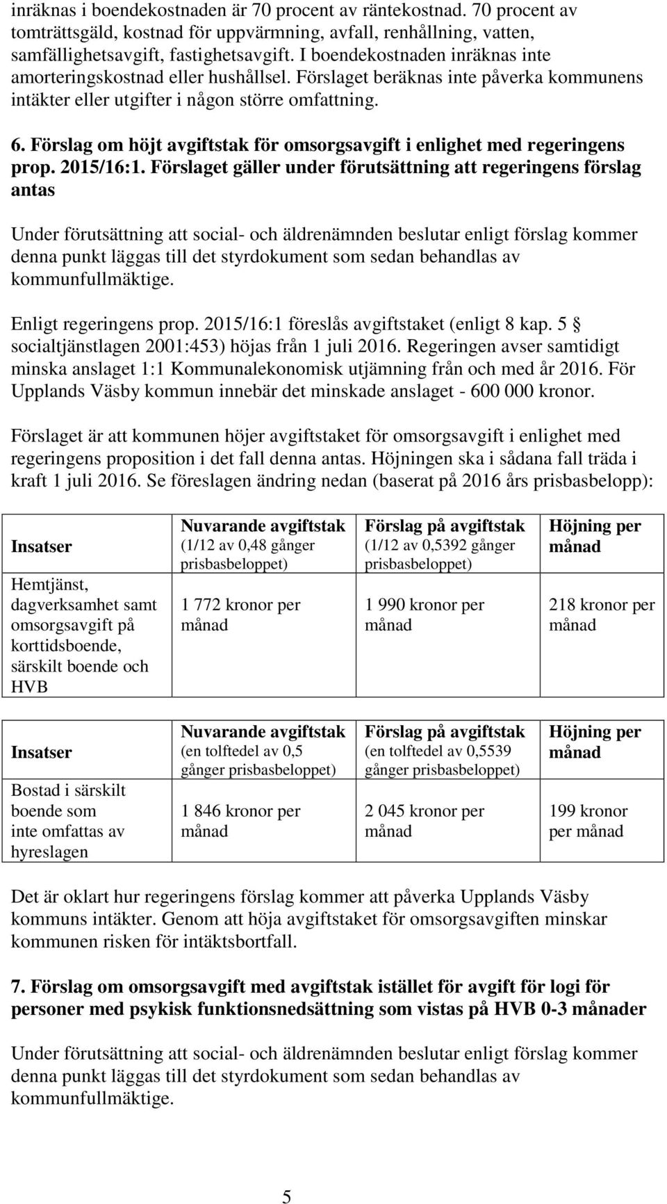 Förslag om höjt avgiftstak för omsorgsavgift i enlighet med regeringens prop. 2015/16:1.