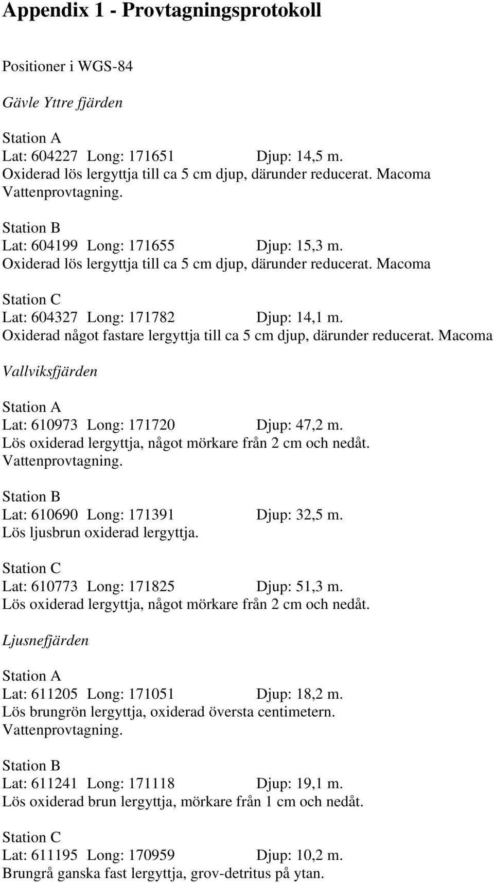 Oxiderad något fastare lergyttja till ca 5 cm djup, därunder reducerat. Macoma Vallviksfjärden Lat: 610973 Long: 171720 Djup: 47,2 m. Lös oxiderad lergyttja, något mörkare från 2 cm och nedåt.