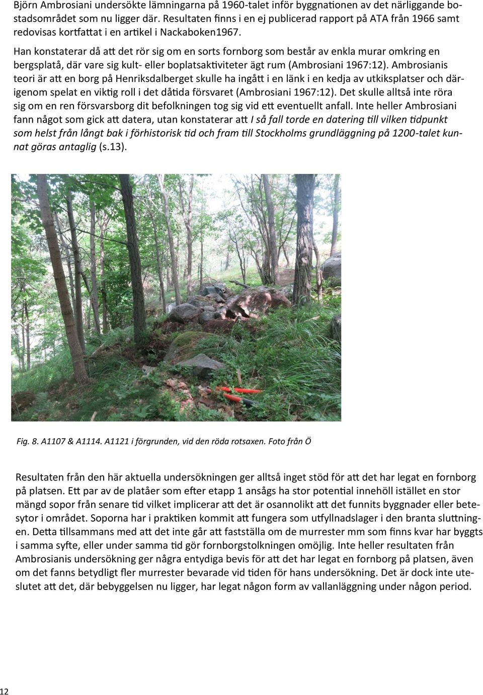 Han konstaterar då att det rör sig om en sorts fornborg som består av enkla murar omkring en bergsplatå, där vare sig kult- eller boplatsaktiviteter ägt rum (Ambrosiani 1967:12).