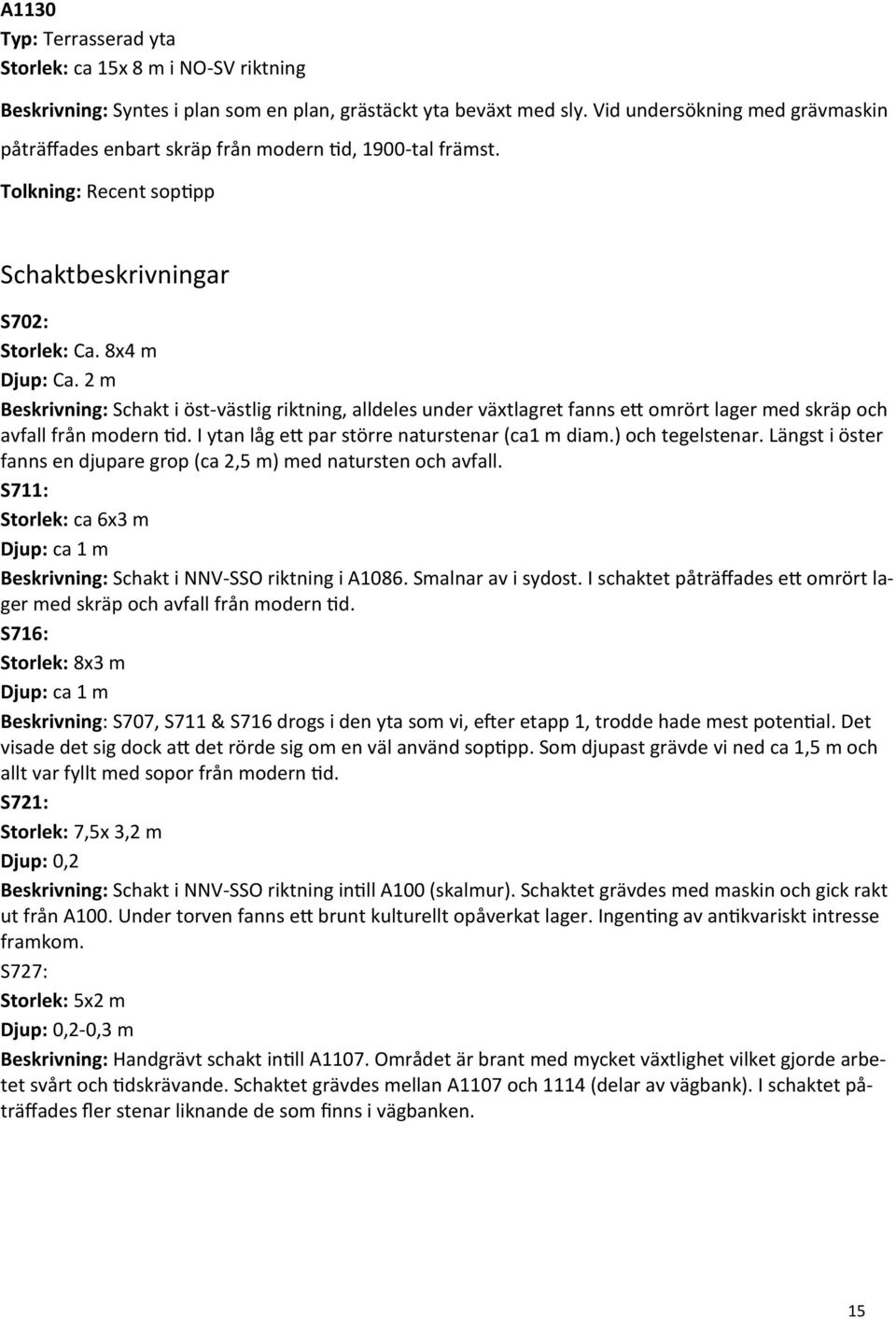 2 m Beskrivning: Schakt i öst-västlig riktning, alldeles under växtlagret fanns ett omrört lager med skräp och avfall från modern tid. I ytan låg ett par större naturstenar (ca1 m diam.
