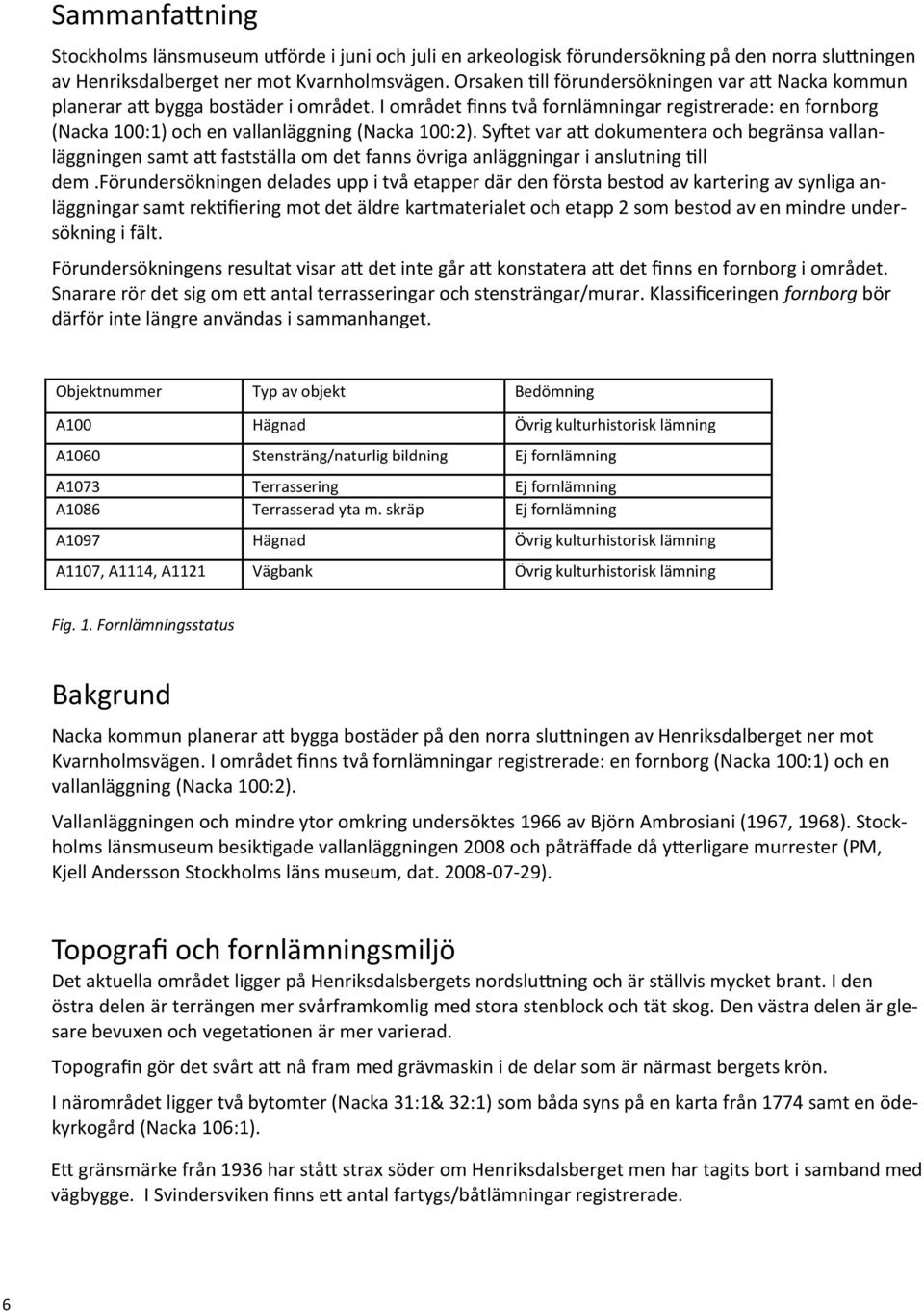 I området finns två fornlämningar registrerade: en fornborg (Nacka 100:1) och en vallanläggning (Nacka 100:2).
