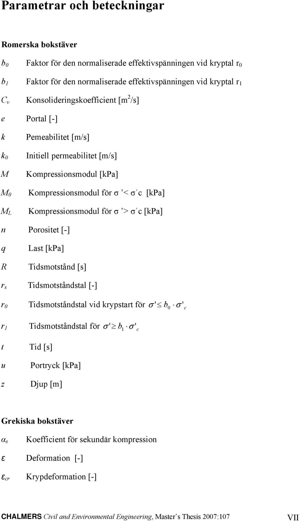för σ > σ c [kpa] n Porositet [-] q R Last [kpa] Tidsmotstånd [s] r s Tidsmotståndstal [-] r Tidsmotståndstal vid krypstart för σ ' b σ ' c r Tidsmotståndstal för σ ' b σ ' c t u z Tid