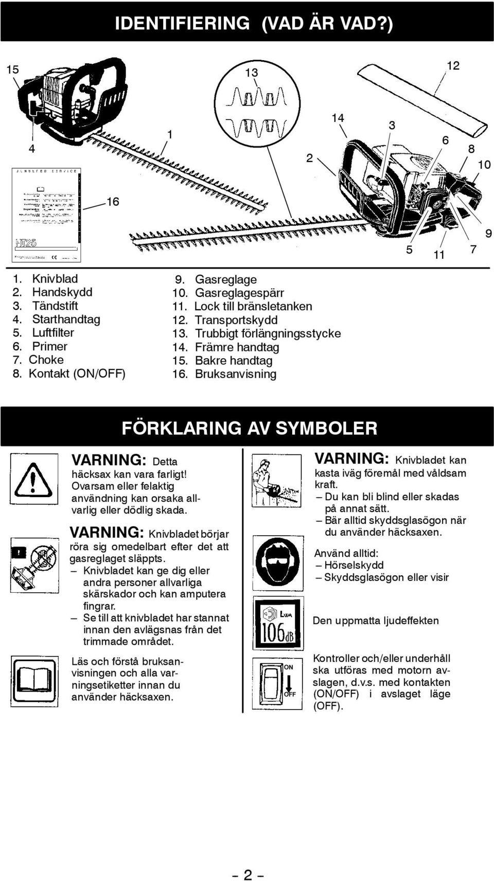 Bruksanvisning FÖRKLARING AV SYMBOLER VARNING: Detta häcksax kan vara farligt! Ovarsam eller felaktig användning kan orsaka allvarlig eller dödlig skada.