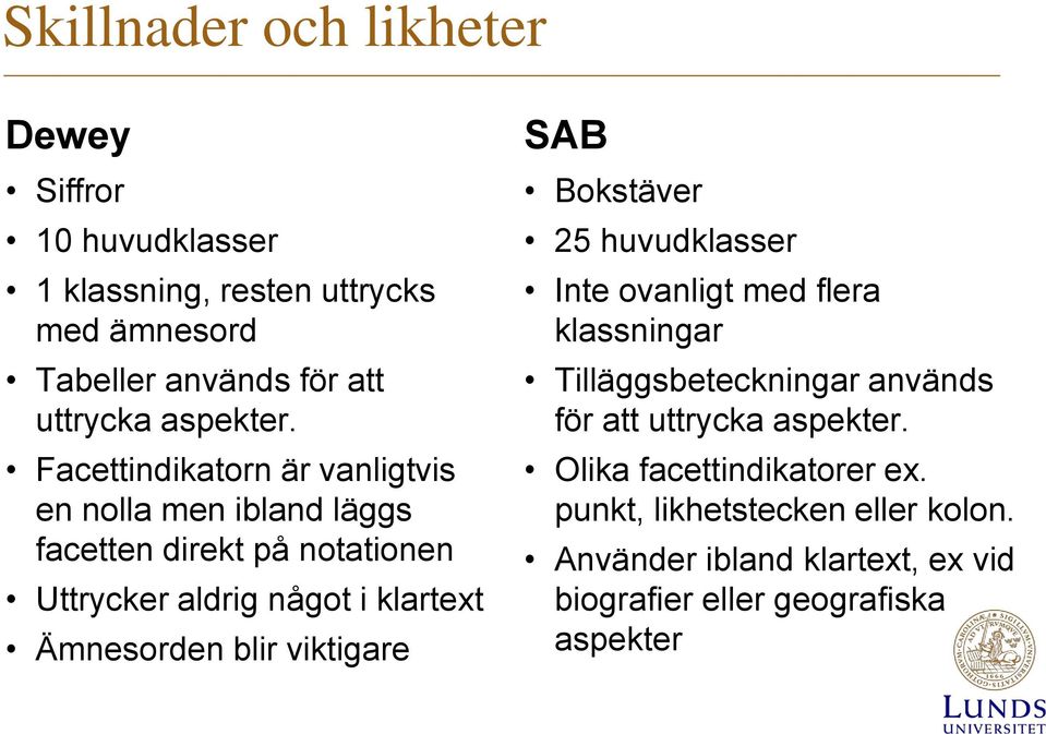 Facettindikatorn är vanligtvis en nolla men ibland läggs facetten direkt på notationen Uttrycker aldrig något i klartext Ämnesorden