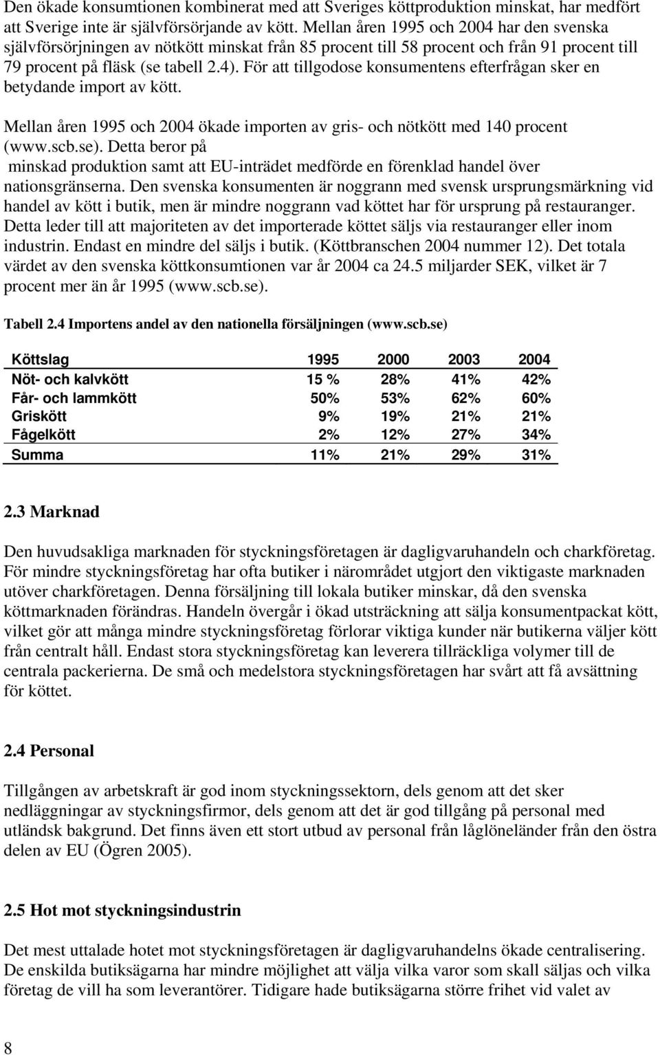 För att tillgodose konsumentens efterfrågan sker en betydande import av kött. Mellan åren 1995 och 2004 ökade importen av gris- och nötkött med 140 procent (www.scb.se).