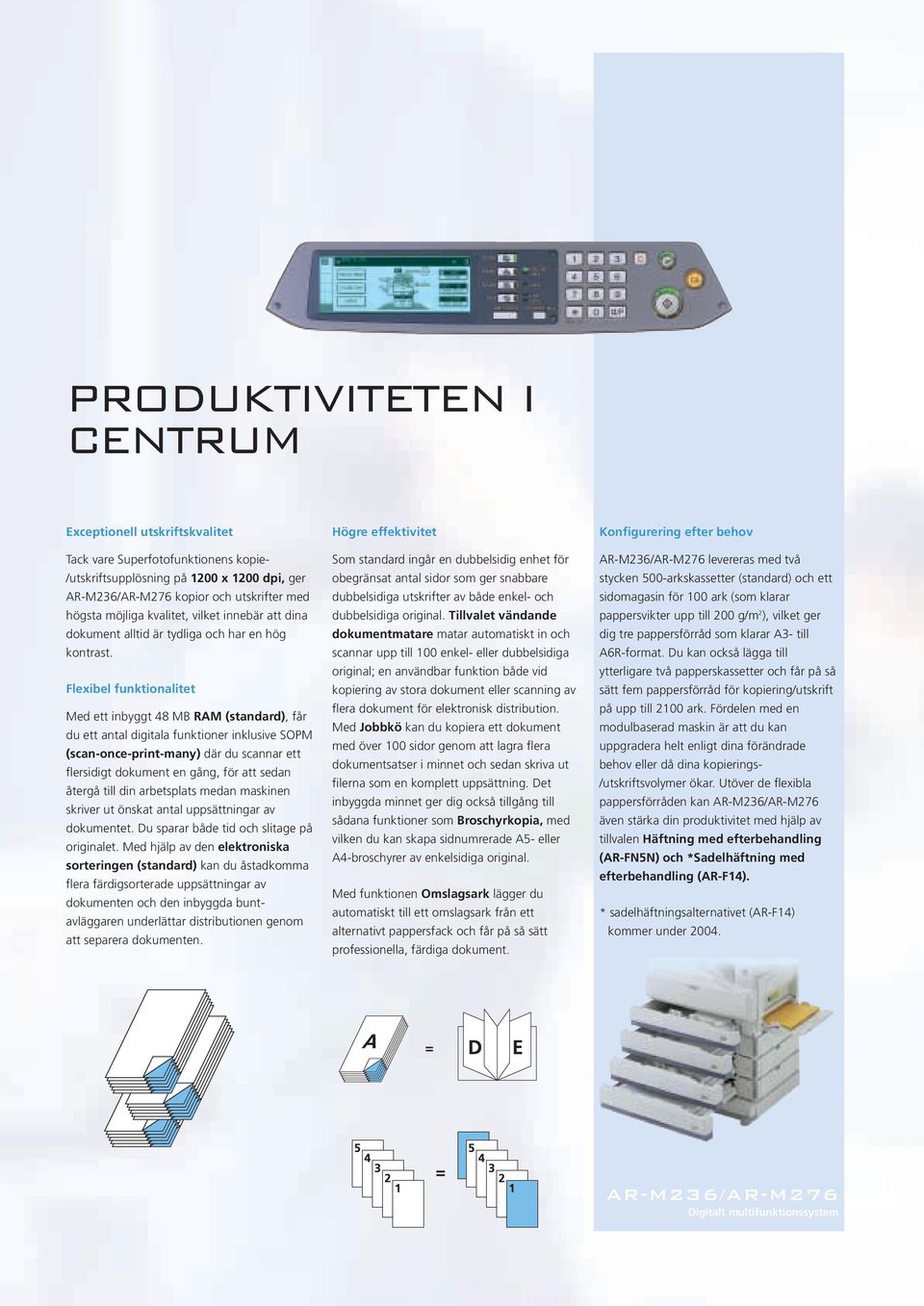 Flexibel funktionalitet Med ett inbyggt 48 MB RAM (standard), får du ett antal digitala funktioner inklusive SOPM (scan-once-print-many) där du scannar ett flersidigt dokument en gång, för att sedan