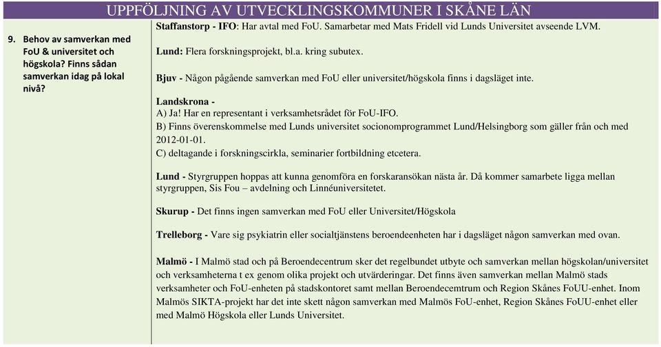 Bjuv - Någon pågående samverkan med FoU eller universitet/högskola finns i dagsläget inte. Landskrona - A) Ja! Har en representant i verksamhetsrådet för FoU-IFO.