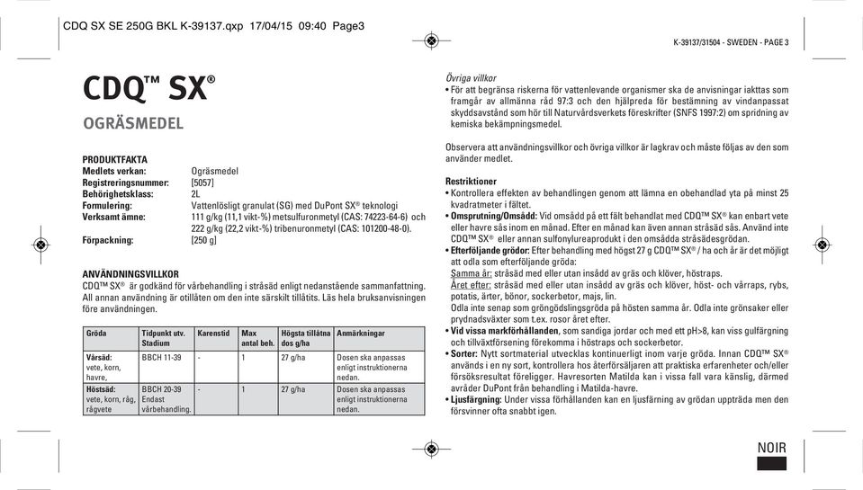 (SG) med DuPont SX teknologi Verksamt ämne: 111 g/kg (11,1 vikt-%) metsulfuronmetyl (CAS: 74223-64-6) och 222 g/kg (22,2 vikt-%) tribenuronmetyl (CAS: 101200-48-0).