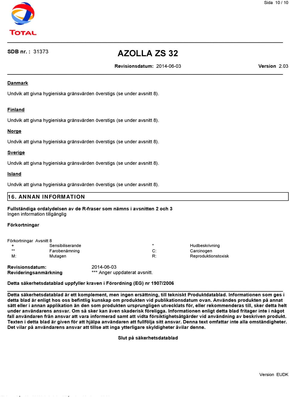 Island Undvik att givna hygieniska gränsvärden överstigs (se under avsnitt 8). 16.