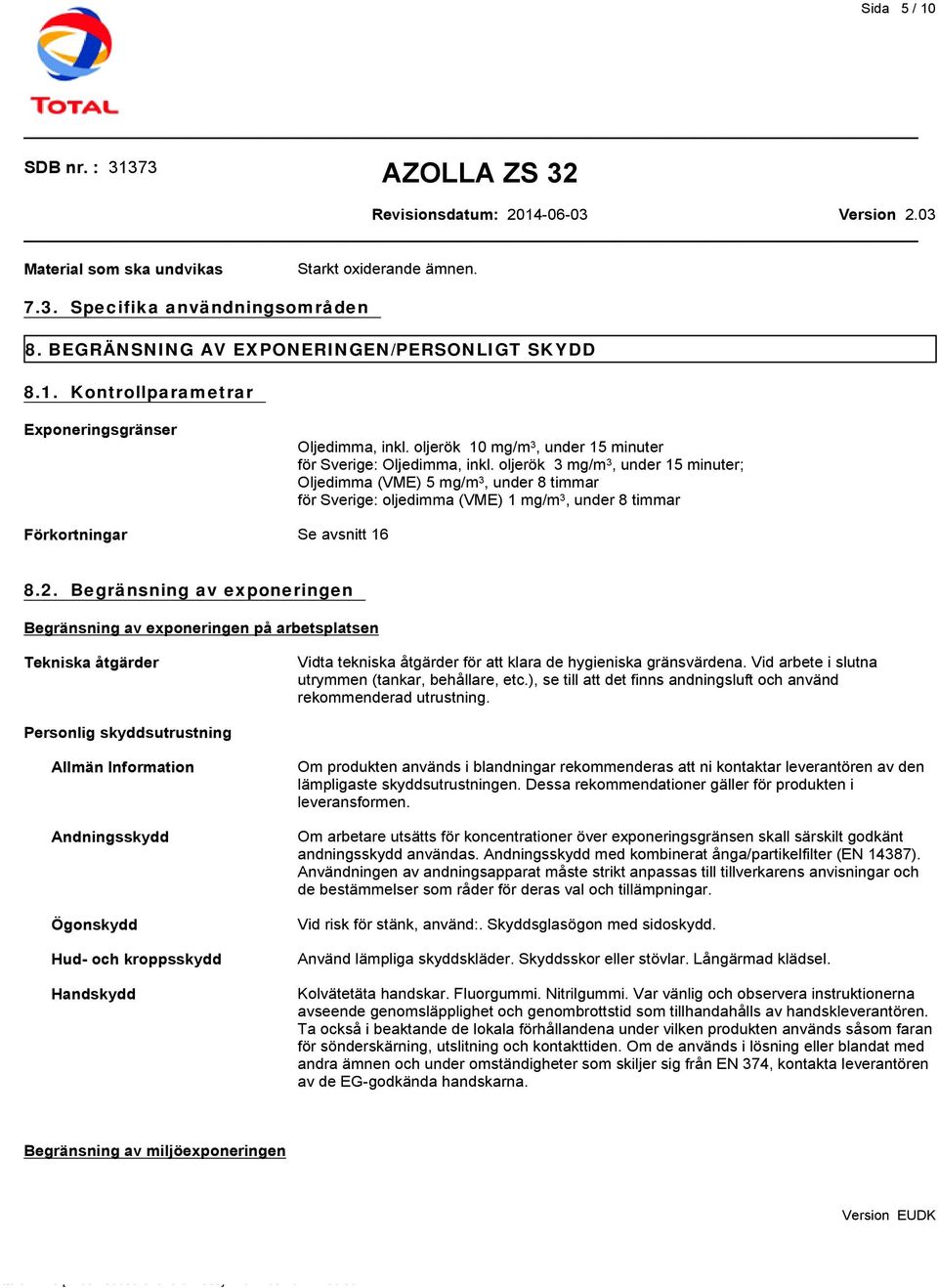 oljerök 3 mg/m 3, under 15 minuter; Oljedimma (VME) 5 mg/m 3, under 8 timmar för Sverige: oljedimma (VME) 1 mg/m 3, under 8 timmar Förkortningar Se avsnitt 16 8.2.