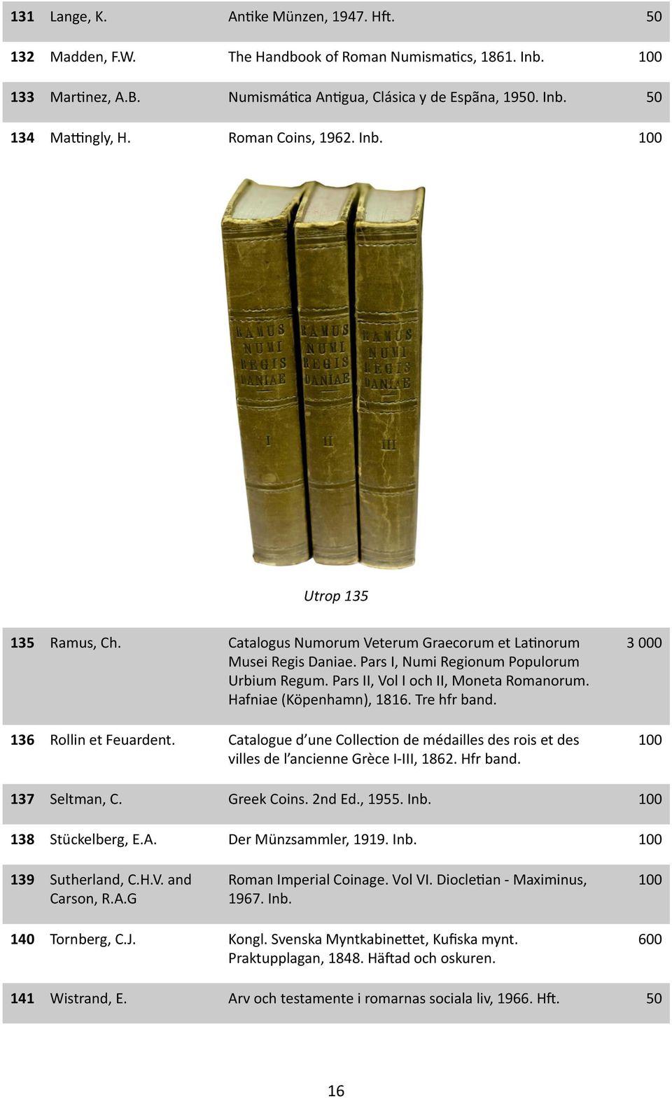Pars II, Vol I och II, Moneta Romanorum. Hafniae (Köpenhamn), 1816. Tre hfr band. 136 Rollin et Feuardent.