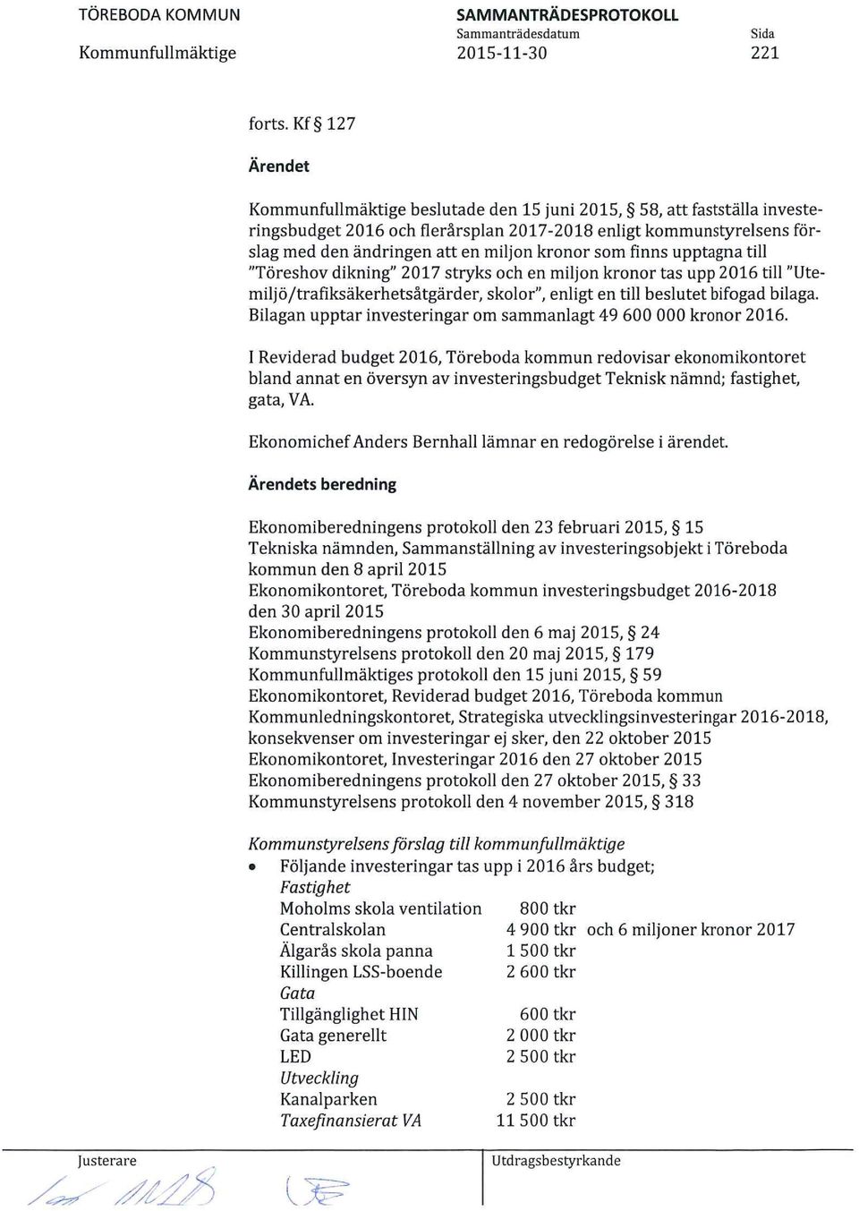 upptagna till "Töreshov dikning" 2017 stryks och en miljon kronor tas upp 2016 till "Utemi5ö /trafiksäkerhetsåtgärder, skolor", enligt en till beslutet bifogad bilaga.