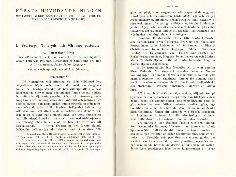 öfwer Tofteryds Pastorat, Ledamoten af Samfundet pro fide et Christianismo, Jonas Johan Lagergren, samlade och upptecknade af J. l. Öhl'llberg. Personalier. 2 1 I: Likpredikan öfwer Härads-Prosten.