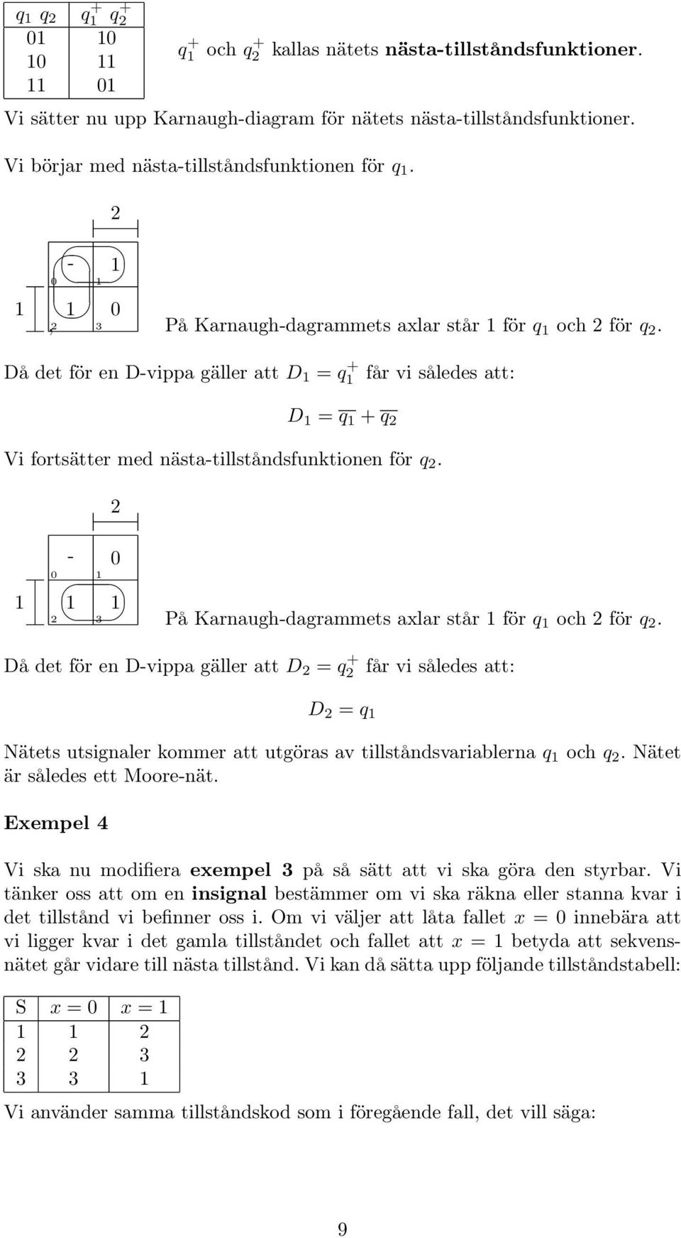 - 3 På Karnaugh-dagrammets axlar står för q och för q. Då det för en D-vippa gäller att D = q + får vi således att: D = q Nätets utsignaler kommer att utgöras av tillståndsvariablerna q och q.