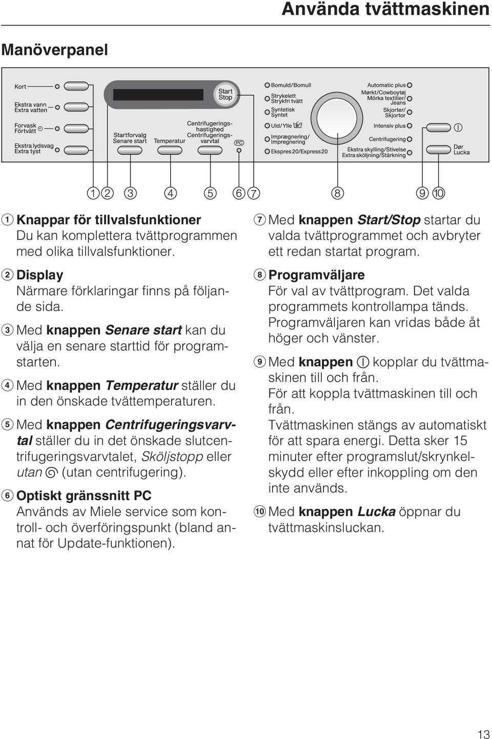 Med knappen Centrifugeringsvarvtal ställer du in det önskade slutcentrifugeringsvarvtalet, Sköljstopp eller utan (utan centrifugering).