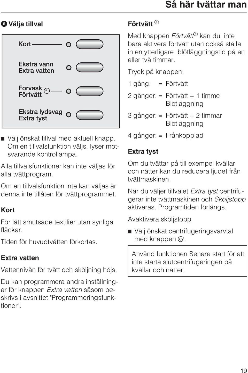 Extra vatten Vattennivån för tvätt och sköljning höjs. Du kan programmera andra inställningar för knappen Extra vatten såsom beskrivs i avsnittet "Programmeringsfunktioner".