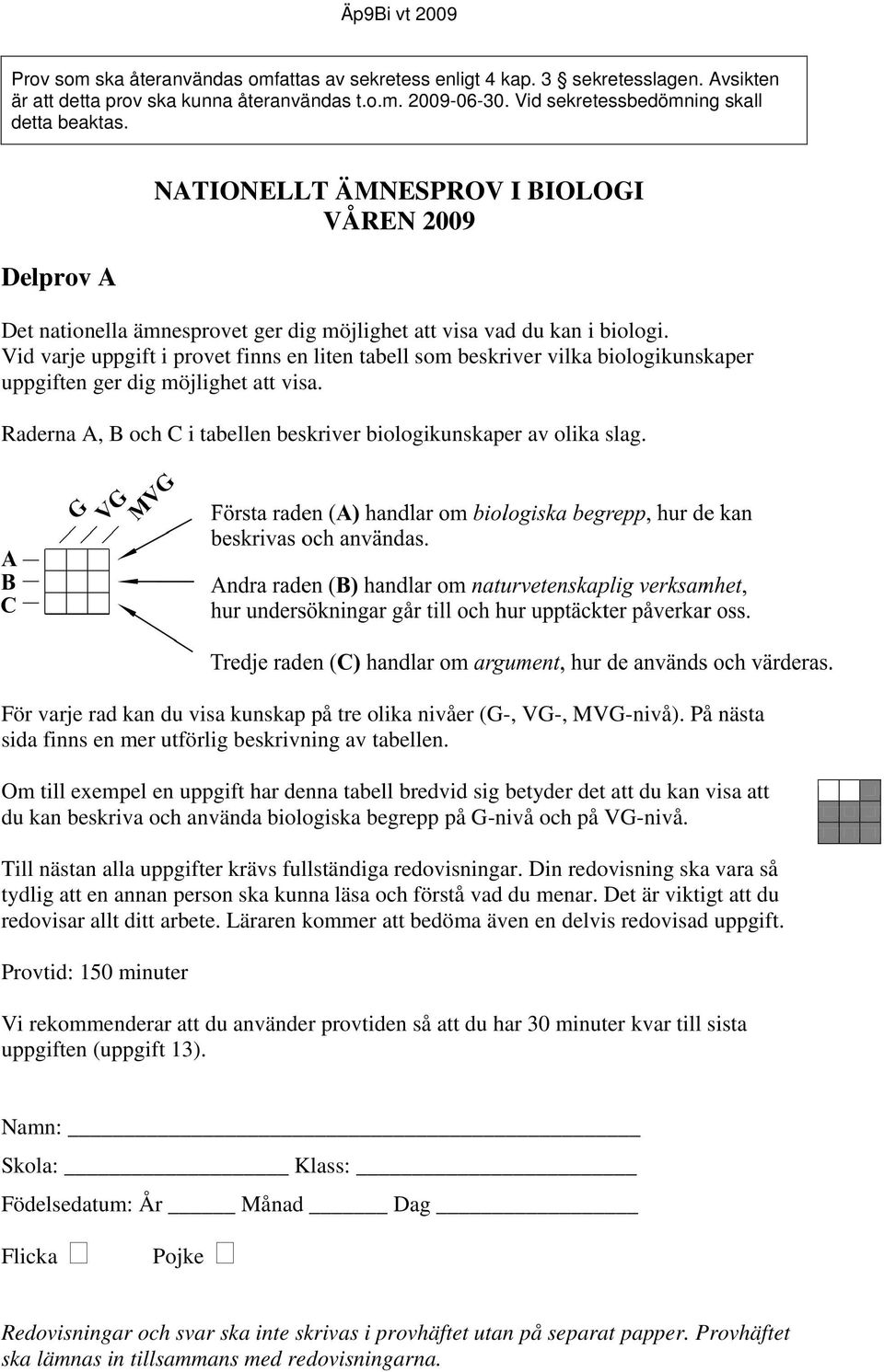 Vid varje uppgift i provet finns en liten tabell som beskriver vilka biologikunskaper uppgiften ger dig möjlighet att visa. Raderna A, B och C i tabellen beskriver biologikunskaper av olika slag.